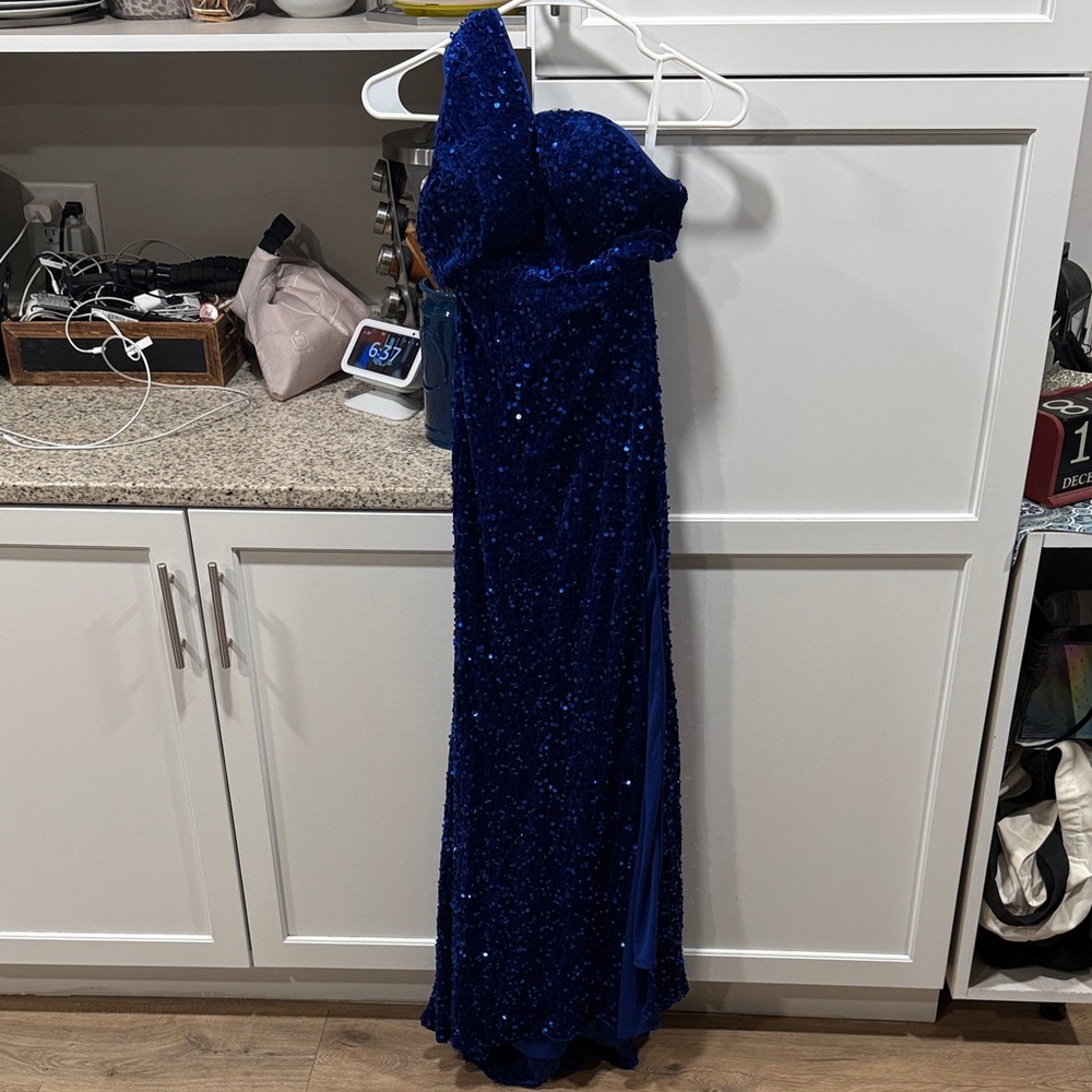Blue Sequin one shoulder floor length dress